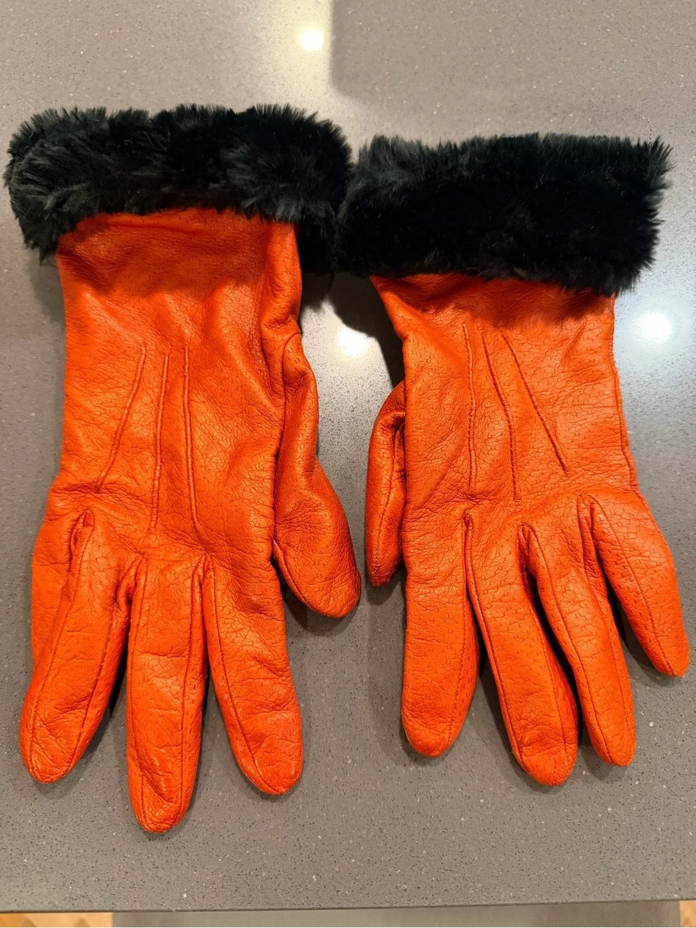 Portolano Orange Leather Gloves Black Faux Fur Trim Wool Lined Size 7.5